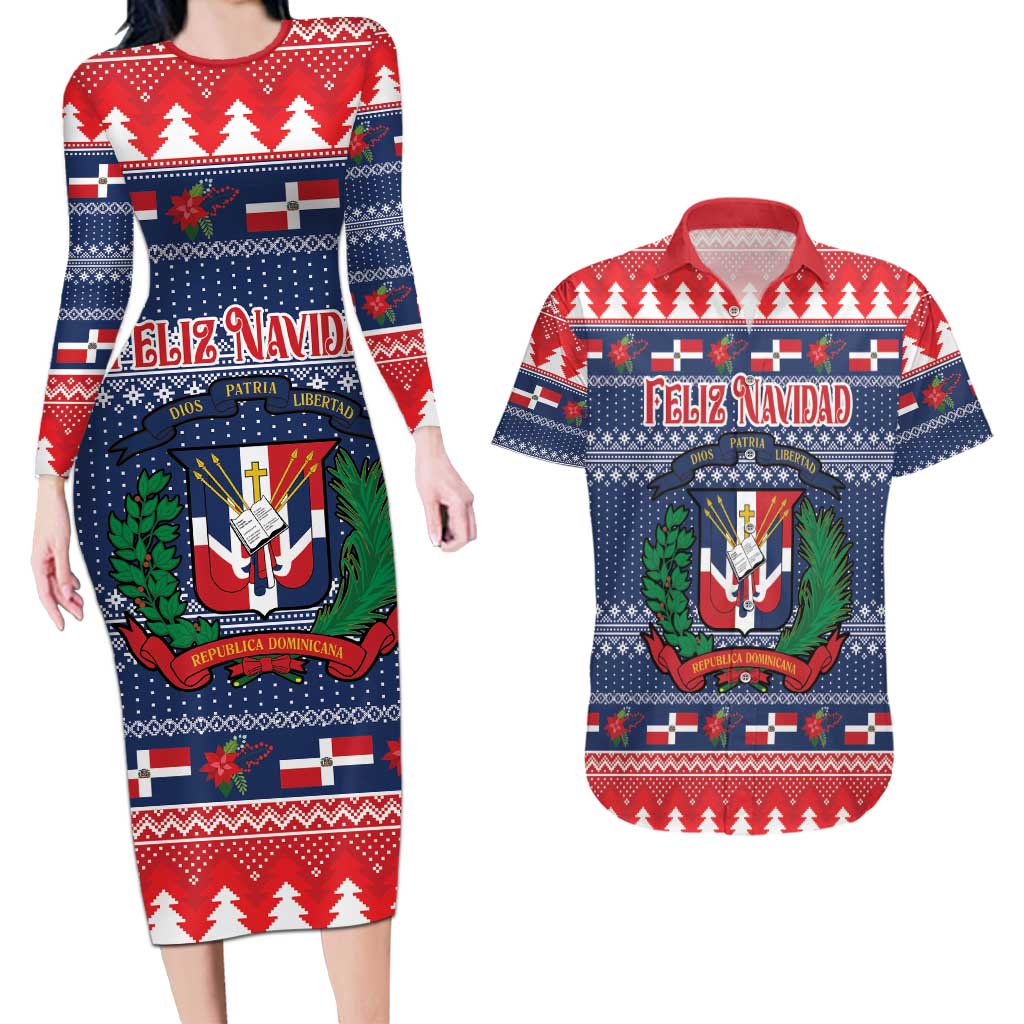Personalized Dominican Republic Christmas Couples Matching Long Sleeve Bodycon Dress and Hawaiian Shirt Dominicana Coat Of Arms Christmas Pattern - Wonder Print Shop