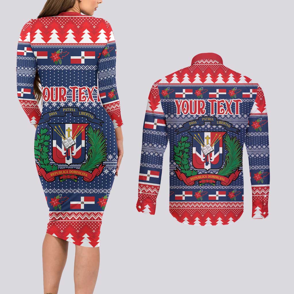 Personalized Dominican Republic Christmas Couples Matching Long Sleeve Bodycon Dress and Long Sleeve Button Shirt Dominicana Coat Of Arms Christmas Pattern - Wonder Print Shop