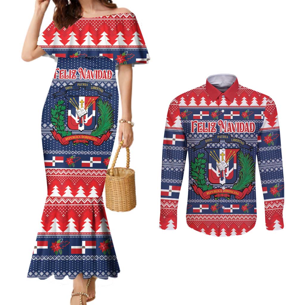 Personalized Dominican Republic Christmas Couples Matching Mermaid Dress and Long Sleeve Button Shirt Dominicana Coat Of Arms Christmas Pattern