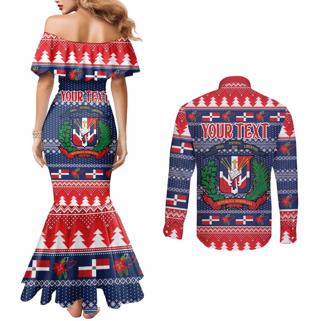 Personalized Dominican Republic Christmas Couples Matching Mermaid Dress and Long Sleeve Button Shirt Dominicana Coat Of Arms Christmas Pattern