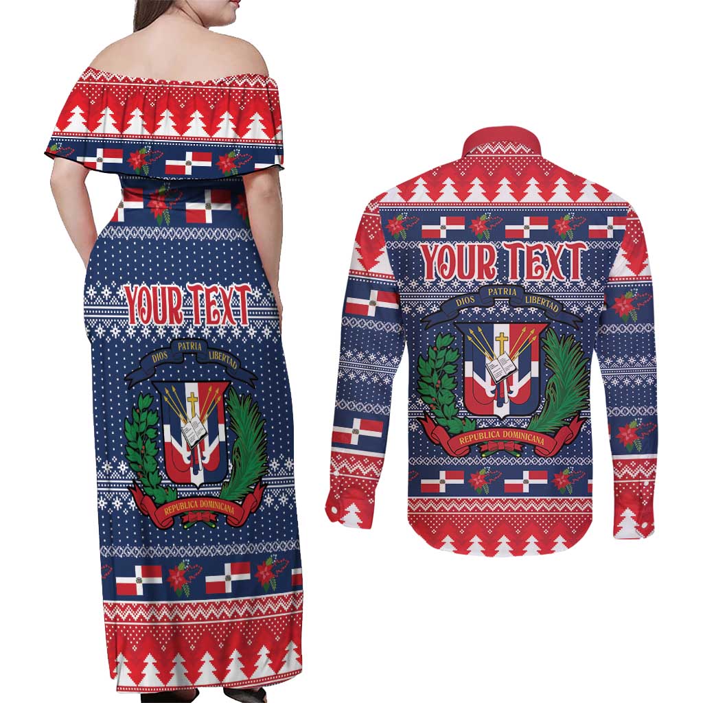 Personalized Dominican Republic Christmas Couples Matching Off Shoulder Maxi Dress and Long Sleeve Button Shirt Dominicana Coat Of Arms Christmas Pattern - Wonder Print Shop