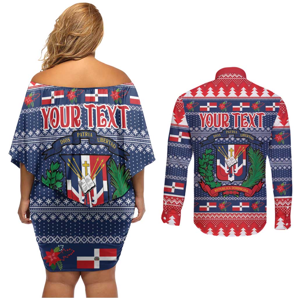 Personalized Dominican Republic Christmas Couples Matching Off Shoulder Short Dress and Long Sleeve Button Shirt Dominicana Coat Of Arms Christmas Pattern - Wonder Print Shop
