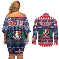 Personalized Dominican Republic Christmas Couples Matching Off Shoulder Short Dress and Long Sleeve Button Shirt Dominicana Coat Of Arms Christmas Pattern - Wonder Print Shop