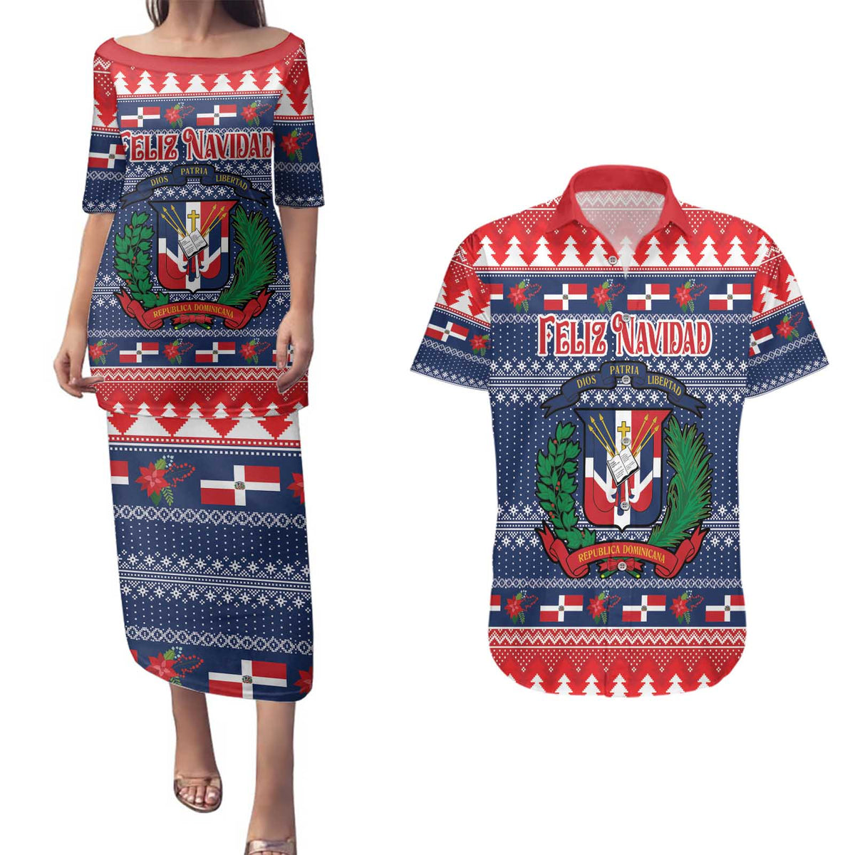 Personalized Dominican Republic Christmas Couples Matching Puletasi and Hawaiian Shirt Dominicana Coat Of Arms Christmas Pattern - Wonder Print Shop
