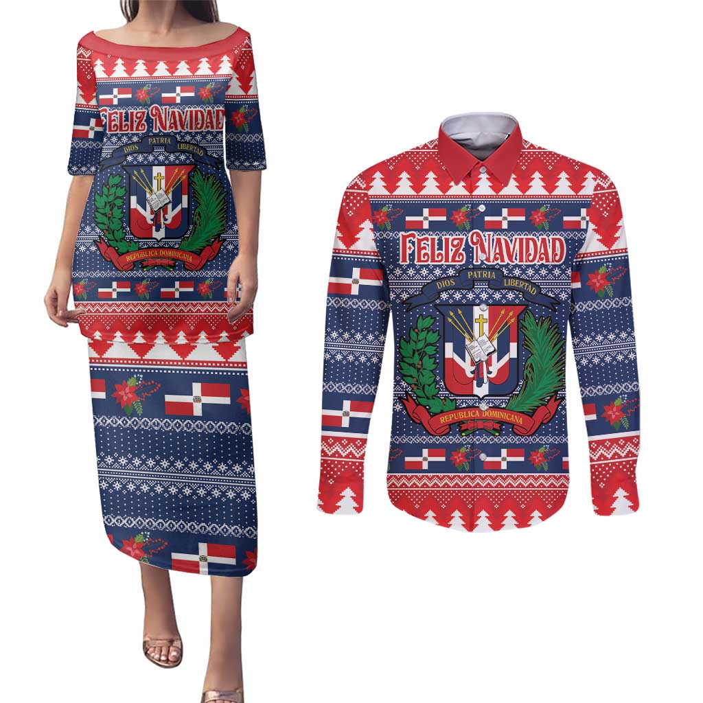 Personalized Dominican Republic Christmas Couples Matching Puletasi and Long Sleeve Button Shirt Dominicana Coat Of Arms Christmas Pattern - Wonder Print Shop