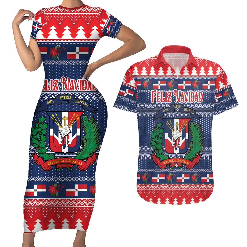 Personalized Dominican Republic Christmas Couples Matching Short Sleeve Bodycon Dress and Hawaiian Shirt Dominicana Coat Of Arms Christmas Pattern - Wonder Print Shop