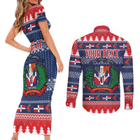 Personalized Dominican Republic Christmas Couples Matching Short Sleeve Bodycon Dress and Long Sleeve Button Shirt Dominicana Coat Of Arms Christmas Pattern - Wonder Print Shop