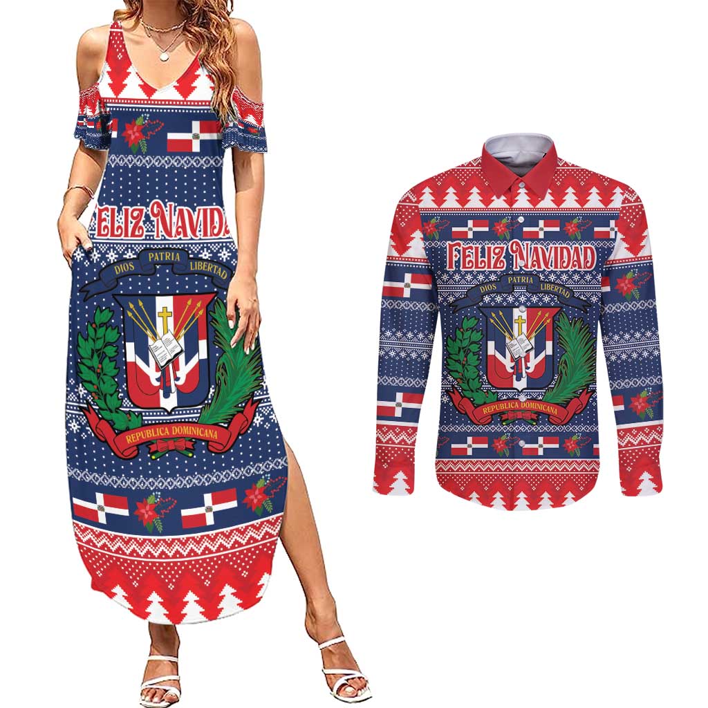 Personalized Dominican Republic Christmas Couples Matching Summer Maxi Dress and Long Sleeve Button Shirt Dominicana Coat Of Arms Christmas Pattern - Wonder Print Shop