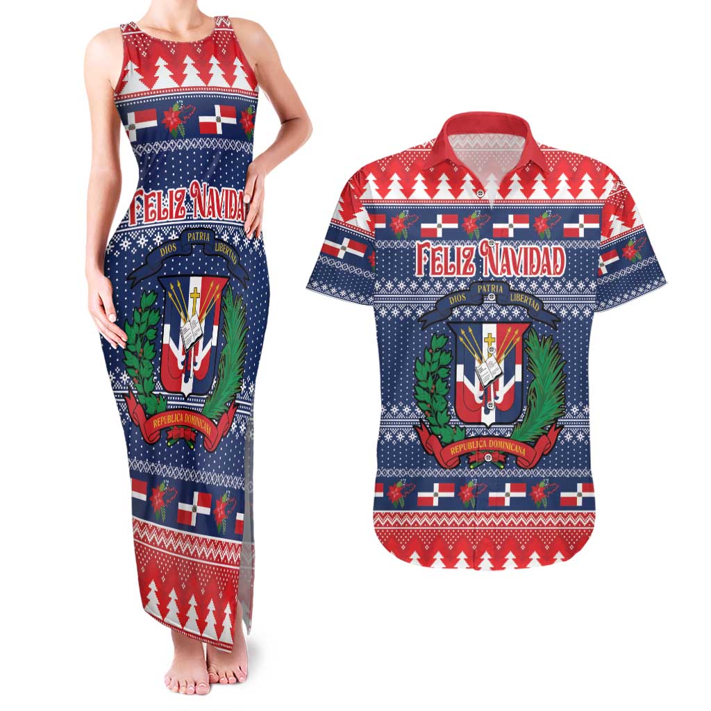 Personalized Dominican Republic Christmas Couples Matching Tank Maxi Dress and Hawaiian Shirt Dominicana Coat Of Arms Christmas Pattern - Wonder Print Shop