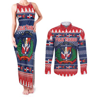 Personalized Dominican Republic Christmas Couples Matching Tank Maxi Dress and Long Sleeve Button Shirt Dominicana Coat Of Arms Christmas Pattern - Wonder Print Shop