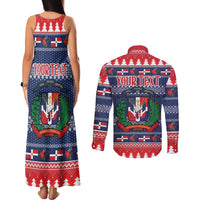 Personalized Dominican Republic Christmas Couples Matching Tank Maxi Dress and Long Sleeve Button Shirt Dominicana Coat Of Arms Christmas Pattern - Wonder Print Shop