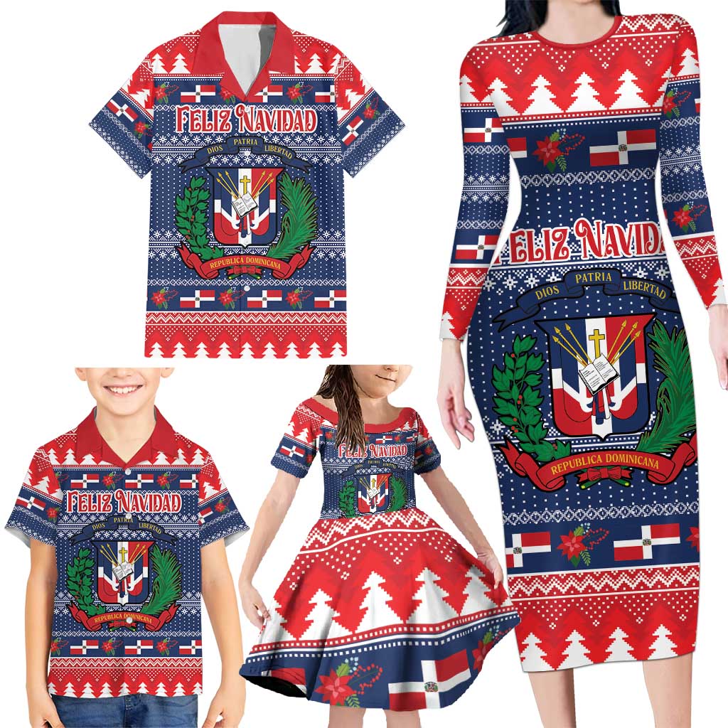 Personalized Dominican Republic Christmas Family Matching Long Sleeve Bodycon Dress and Hawaiian Shirt Dominicana Coat Of Arms Christmas Pattern - Wonder Print Shop