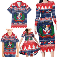 Personalized Dominican Republic Christmas Family Matching Long Sleeve Bodycon Dress and Hawaiian Shirt Dominicana Coat Of Arms Christmas Pattern - Wonder Print Shop
