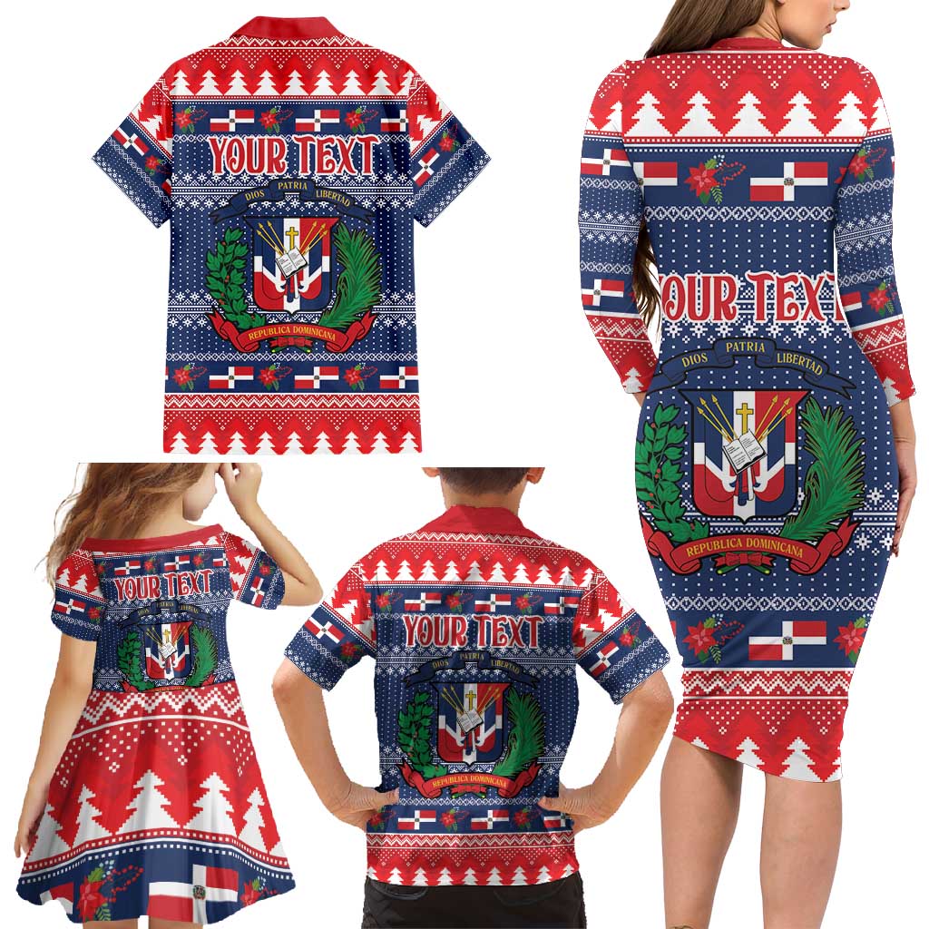 Personalized Dominican Republic Christmas Family Matching Long Sleeve Bodycon Dress and Hawaiian Shirt Dominicana Coat Of Arms Christmas Pattern - Wonder Print Shop