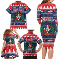 Personalized Dominican Republic Christmas Family Matching Long Sleeve Bodycon Dress and Hawaiian Shirt Dominicana Coat Of Arms Christmas Pattern - Wonder Print Shop