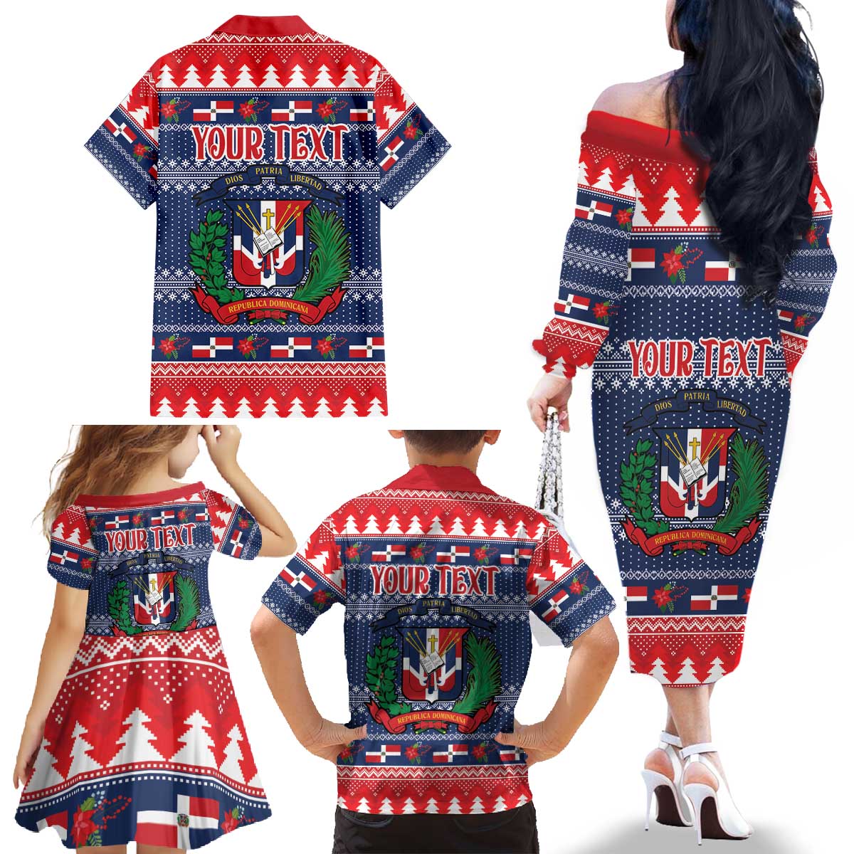 Personalized Dominican Republic Christmas Family Matching Off The Shoulder Long Sleeve Dress and Hawaiian Shirt Dominicana Coat Of Arms Christmas Pattern - Wonder Print Shop