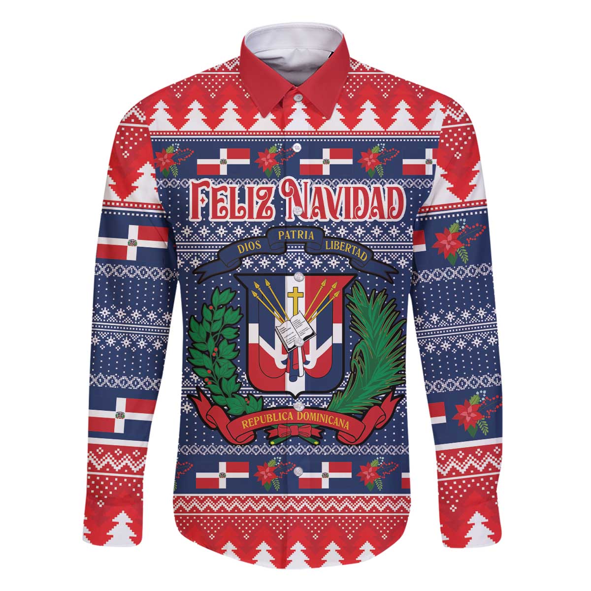 Personalized Dominican Republic Christmas Family Matching Off The Shoulder Long Sleeve Dress and Hawaiian Shirt Dominicana Coat Of Arms Christmas Pattern - Wonder Print Shop