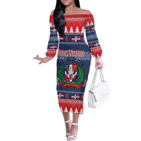 Personalized Dominican Republic Christmas Family Matching Off The Shoulder Long Sleeve Dress and Hawaiian Shirt Dominicana Coat Of Arms Christmas Pattern - Wonder Print Shop