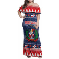 Personalized Dominican Republic Christmas Family Matching Off Shoulder Maxi Dress and Hawaiian Shirt Dominicana Coat Of Arms Christmas Pattern - Wonder Print Shop