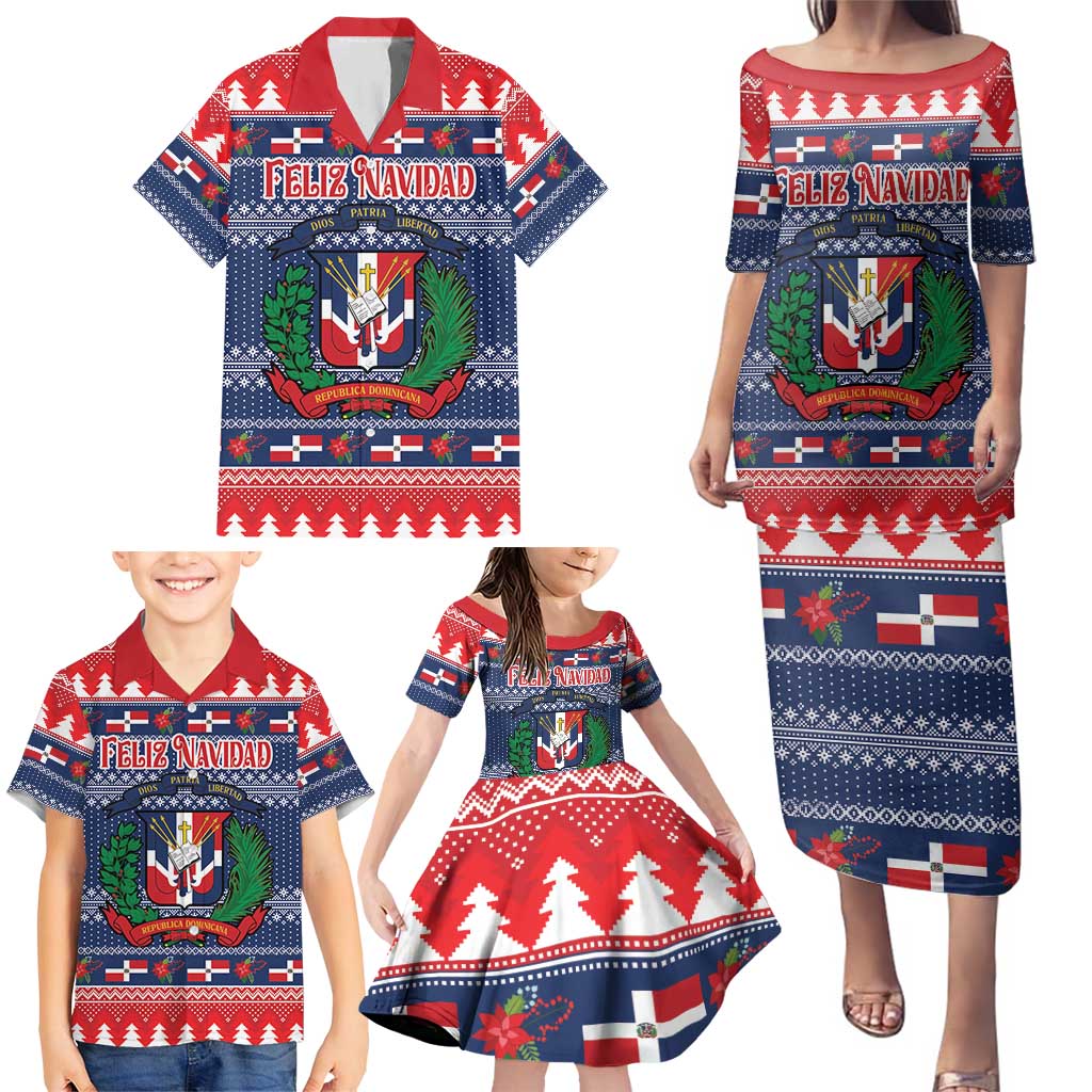 Personalized Dominican Republic Christmas Family Matching Puletasi and Hawaiian Shirt Dominicana Coat Of Arms Christmas Pattern - Wonder Print Shop