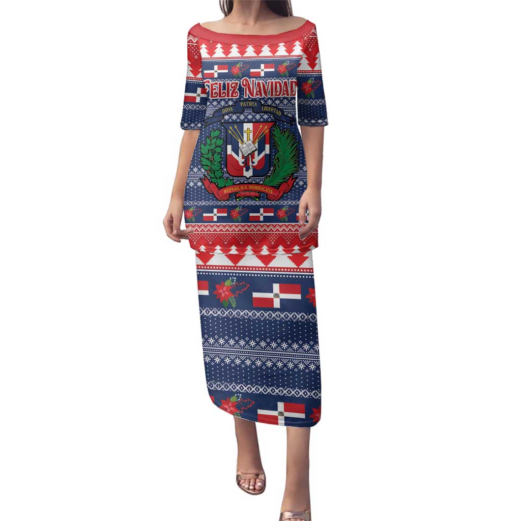 Personalized Dominican Republic Christmas Family Matching Puletasi and Hawaiian Shirt Dominicana Coat Of Arms Christmas Pattern - Wonder Print Shop