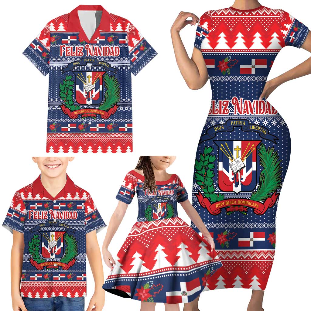 Personalized Dominican Republic Christmas Family Matching Short Sleeve Bodycon Dress and Hawaiian Shirt Dominicana Coat Of Arms Christmas Pattern - Wonder Print Shop