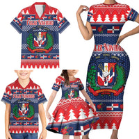 Personalized Dominican Republic Christmas Family Matching Short Sleeve Bodycon Dress and Hawaiian Shirt Dominicana Coat Of Arms Christmas Pattern - Wonder Print Shop