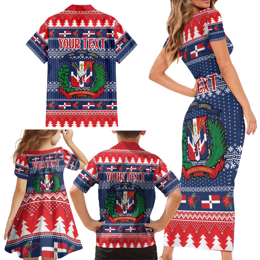 Personalized Dominican Republic Christmas Family Matching Short Sleeve Bodycon Dress and Hawaiian Shirt Dominicana Coat Of Arms Christmas Pattern - Wonder Print Shop
