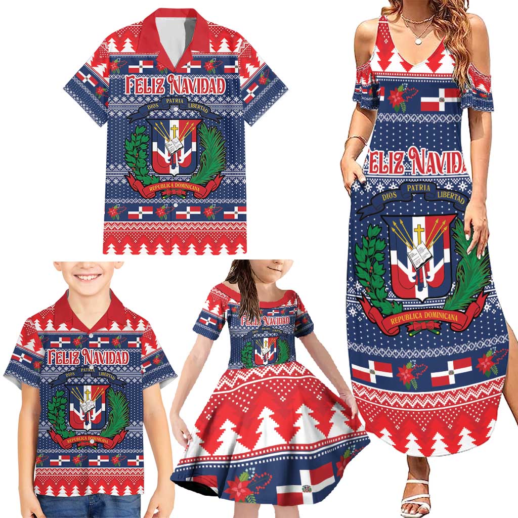 Personalized Dominican Republic Christmas Family Matching Summer Maxi Dress and Hawaiian Shirt Dominicana Coat Of Arms Christmas Pattern - Wonder Print Shop