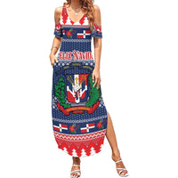 Personalized Dominican Republic Christmas Family Matching Summer Maxi Dress and Hawaiian Shirt Dominicana Coat Of Arms Christmas Pattern - Wonder Print Shop