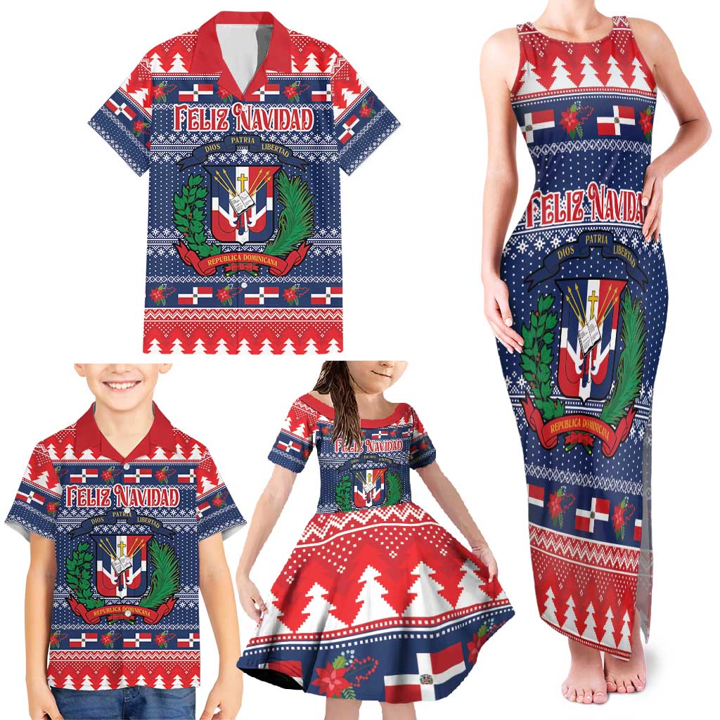 Personalized Dominican Republic Christmas Family Matching Tank Maxi Dress and Hawaiian Shirt Dominicana Coat Of Arms Christmas Pattern - Wonder Print Shop