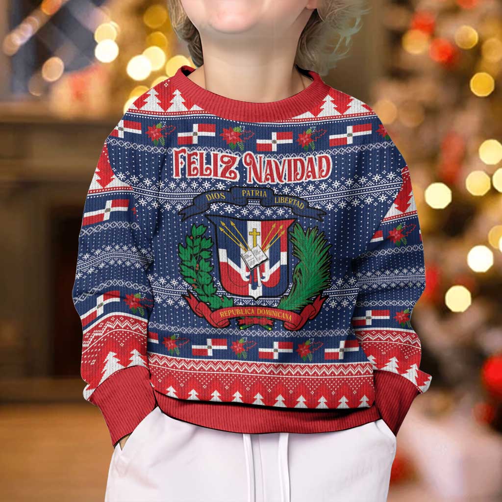 Personalized Dominican Republic Christmas Kid Ugly Christmas Sweater Dominicana Coat Of Arms Christmas Pattern - Wonder Print Shop