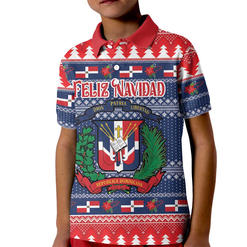 Personalized Dominican Republic Christmas Kid Polo Shirt Dominicana Coat Of Arms Christmas Pattern - Wonder Print Shop