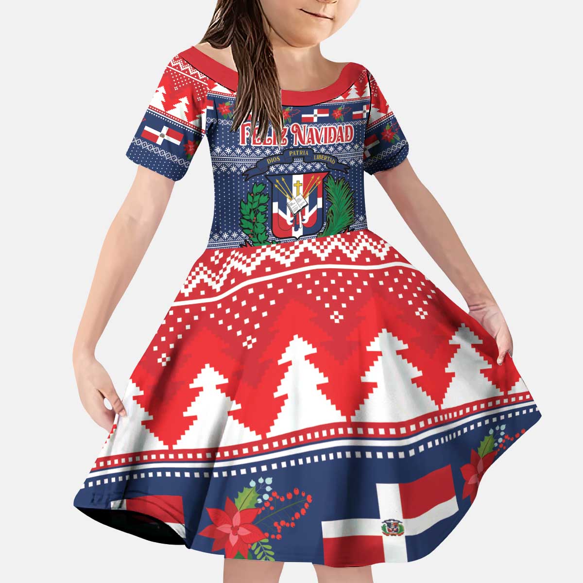 Personalized Dominican Republic Christmas Kid Short Sleeve Dress Dominicana Coat Of Arms Christmas Pattern - Wonder Print Shop
