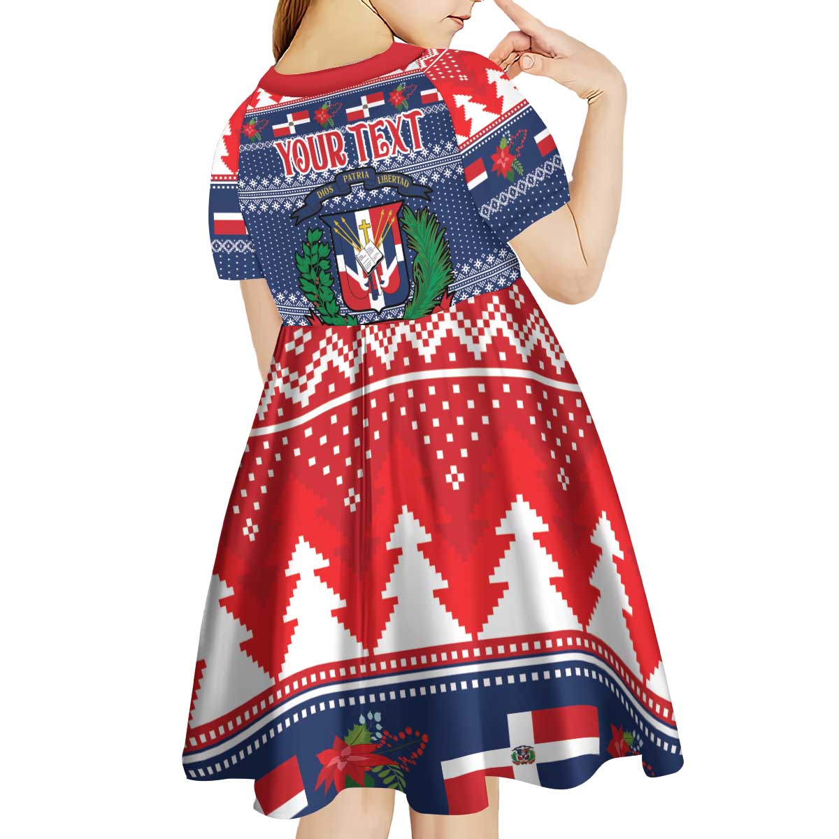 Personalized Dominican Republic Christmas Kid Short Sleeve Dress Dominicana Coat Of Arms Christmas Pattern - Wonder Print Shop