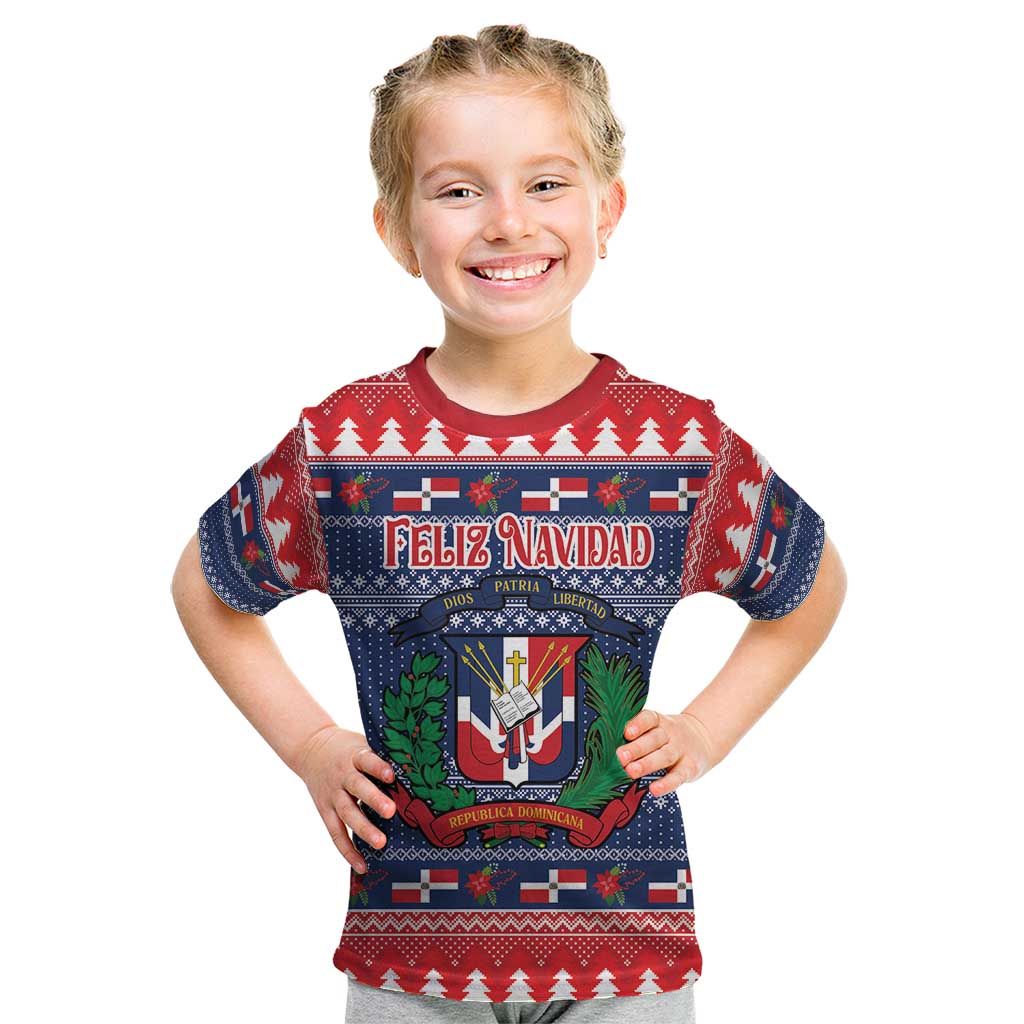 Personalized Dominican Republic Christmas Kid T Shirt Dominicana Coat Of Arms Christmas Pattern - Wonder Print Shop