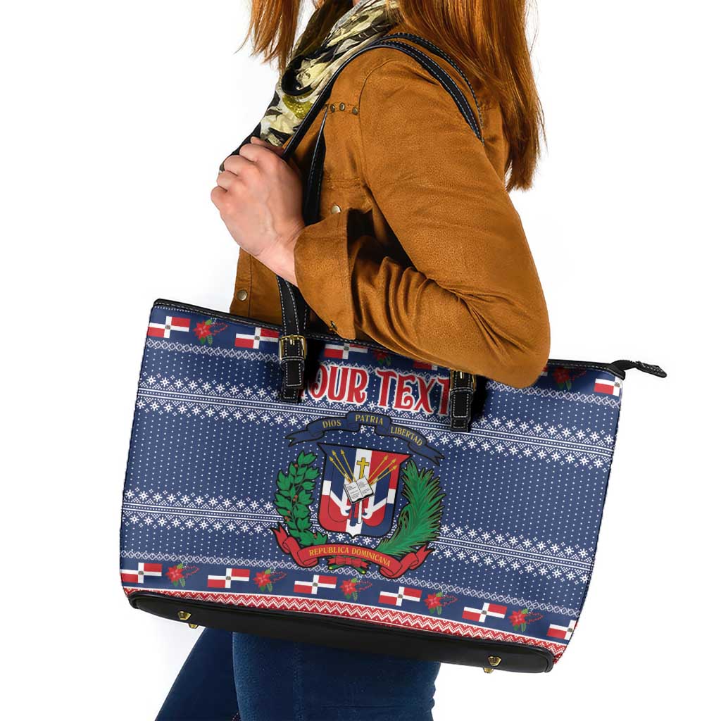 Personalized Dominican Republic Christmas Leather Tote Bag Dominicana Coat Of Arms Christmas Pattern - Wonder Print Shop