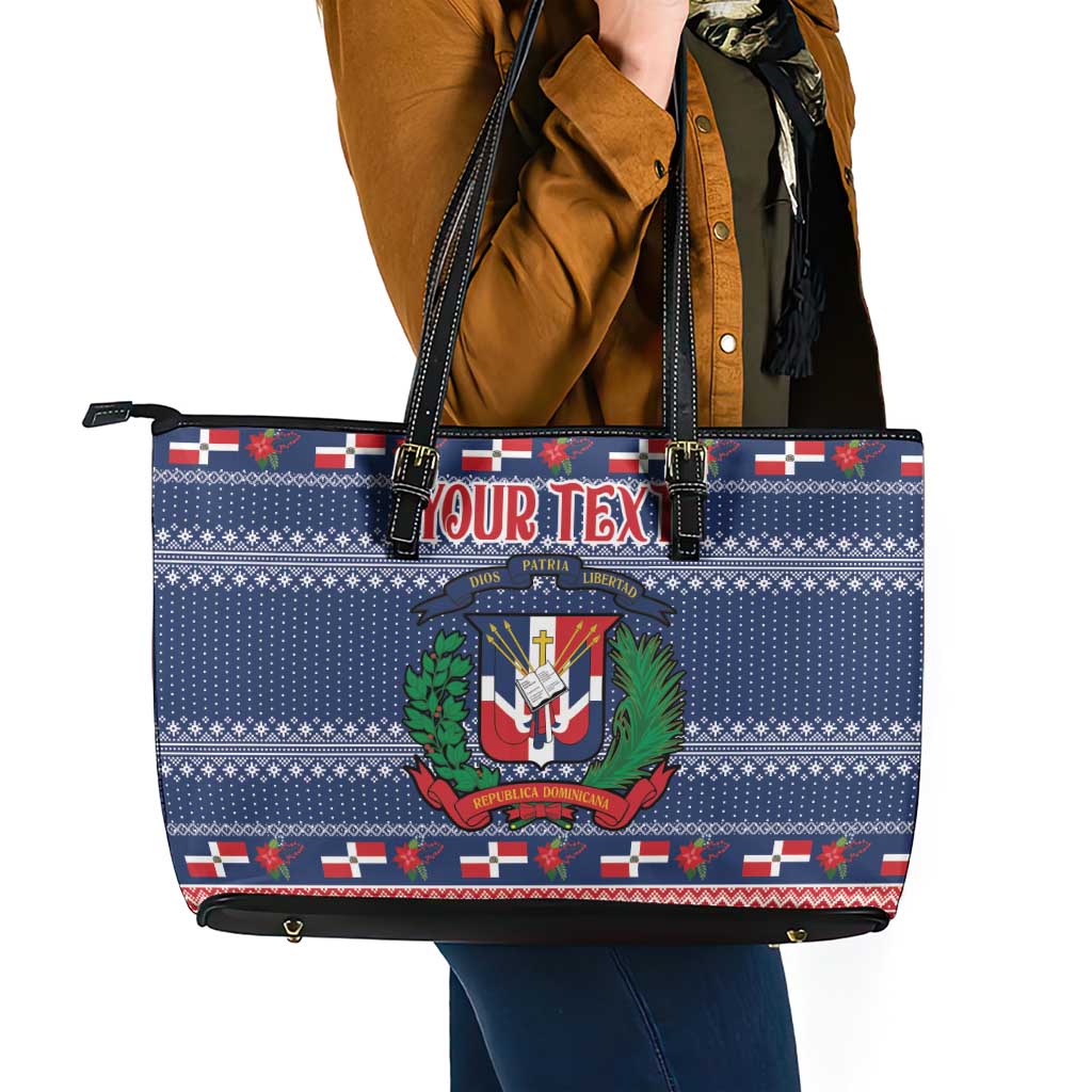 Personalized Dominican Republic Christmas Leather Tote Bag Dominicana Coat Of Arms Christmas Pattern - Wonder Print Shop