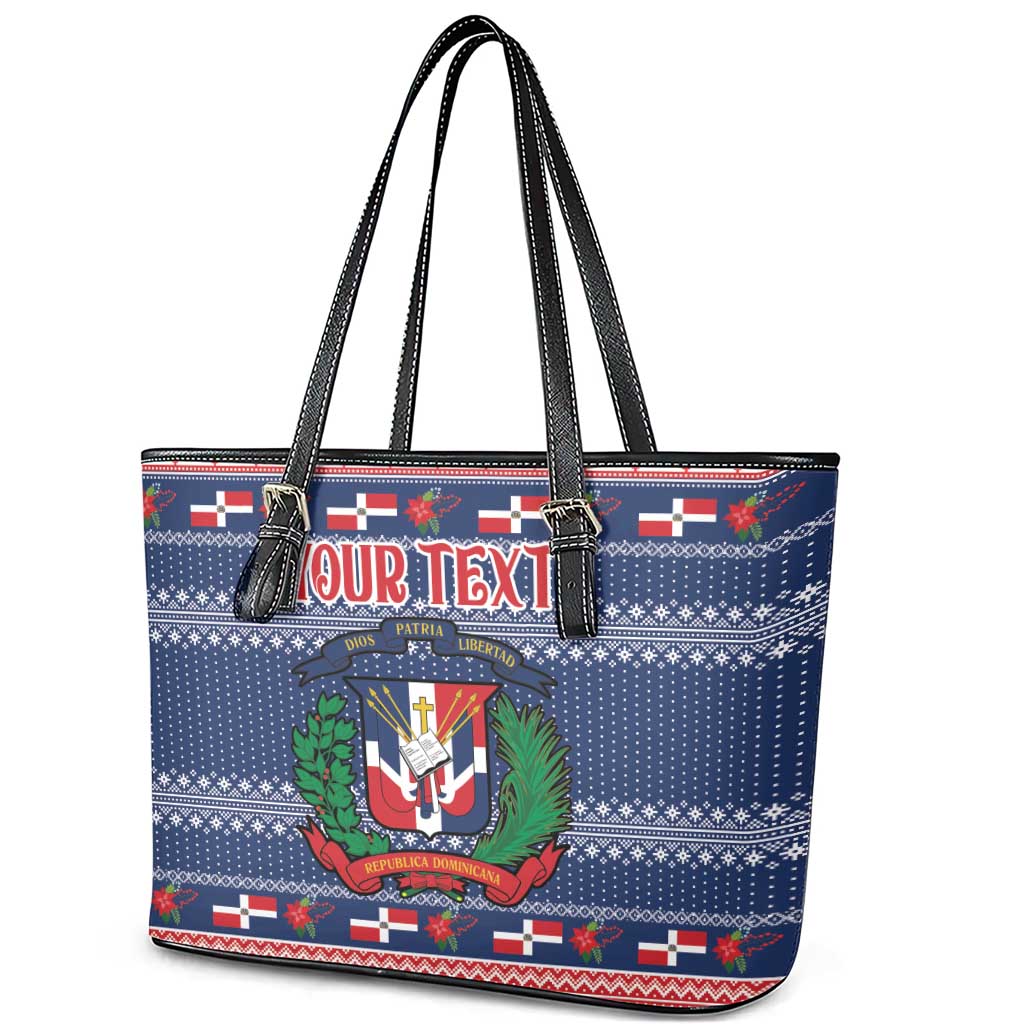 Personalized Dominican Republic Christmas Leather Tote Bag Dominicana Coat Of Arms Christmas Pattern - Wonder Print Shop