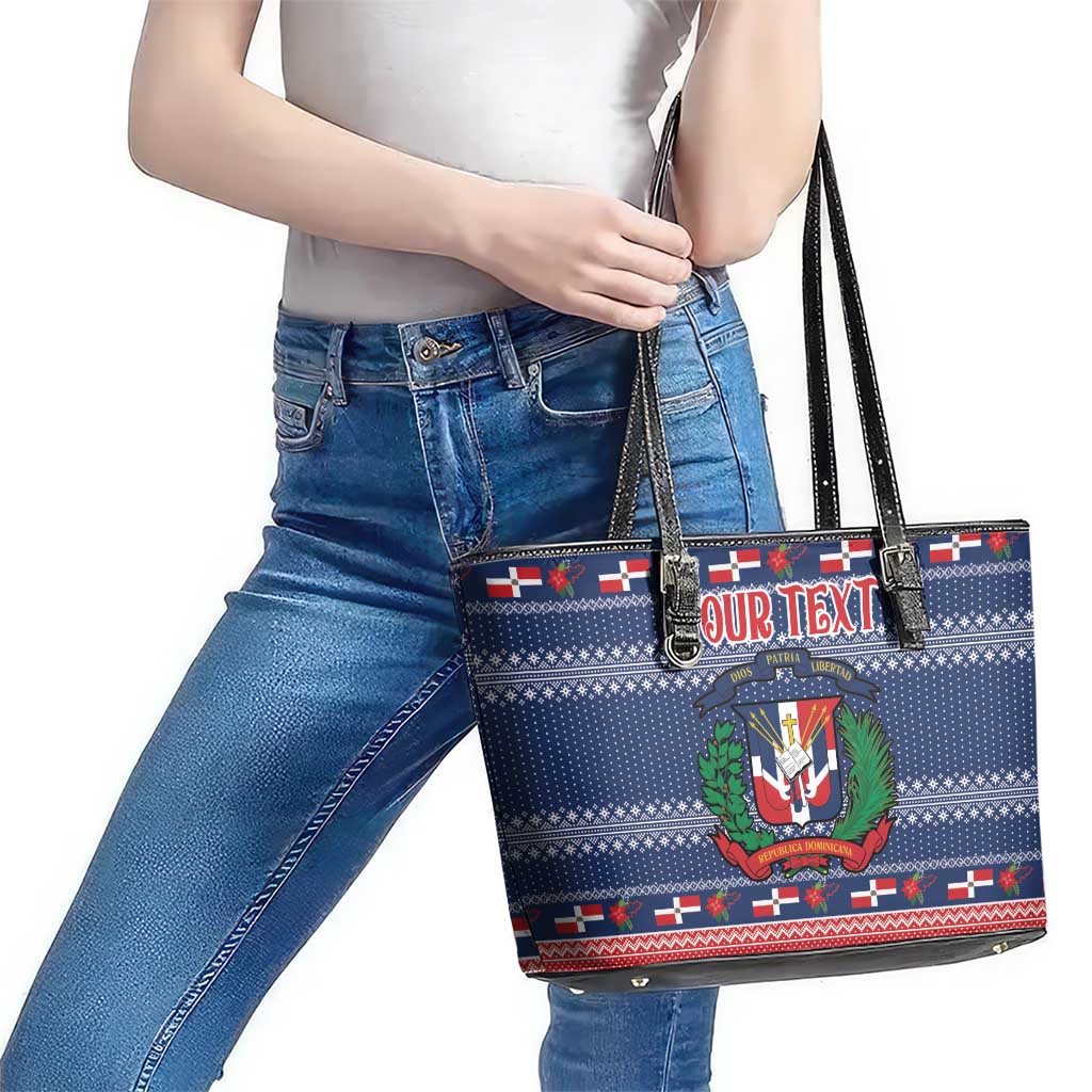 Personalized Dominican Republic Christmas Leather Tote Bag Dominicana Coat Of Arms Christmas Pattern - Wonder Print Shop