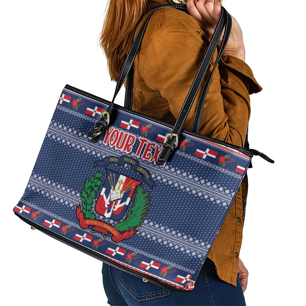 Personalized Dominican Republic Christmas Leather Tote Bag Dominicana Coat Of Arms Christmas Pattern - Wonder Print Shop