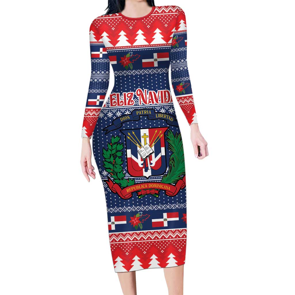 Personalized Dominican Republic Christmas Long Sleeve Bodycon Dress Dominicana Coat Of Arms Christmas Pattern - Wonder Print Shop
