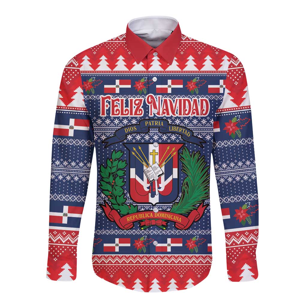 Personalized Dominican Republic Christmas Long Sleeve Button Shirt Dominicana Coat Of Arms Christmas Pattern - Wonder Print Shop