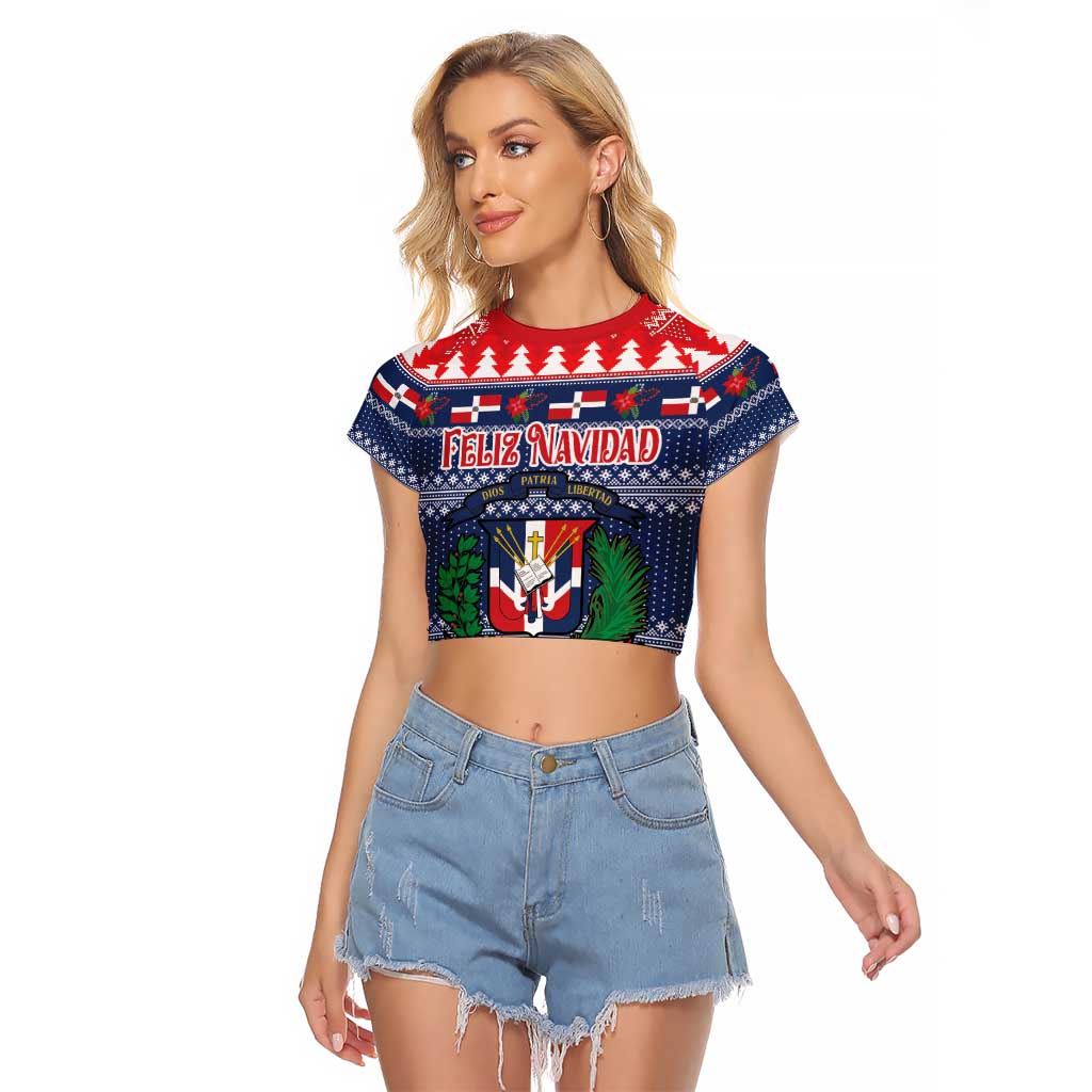 Personalized Dominican Republic Christmas Raglan Cropped T Shirt Dominicana Coat Of Arms Christmas Pattern - Wonder Print Shop