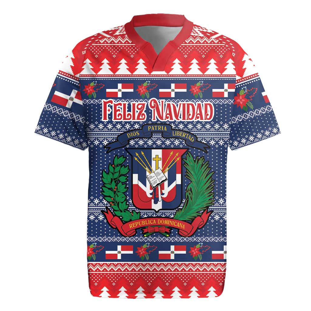 Personalized Dominican Republic Christmas Rugby Jersey Dominicana Coat Of Arms Christmas Pattern - Wonder Print Shop
