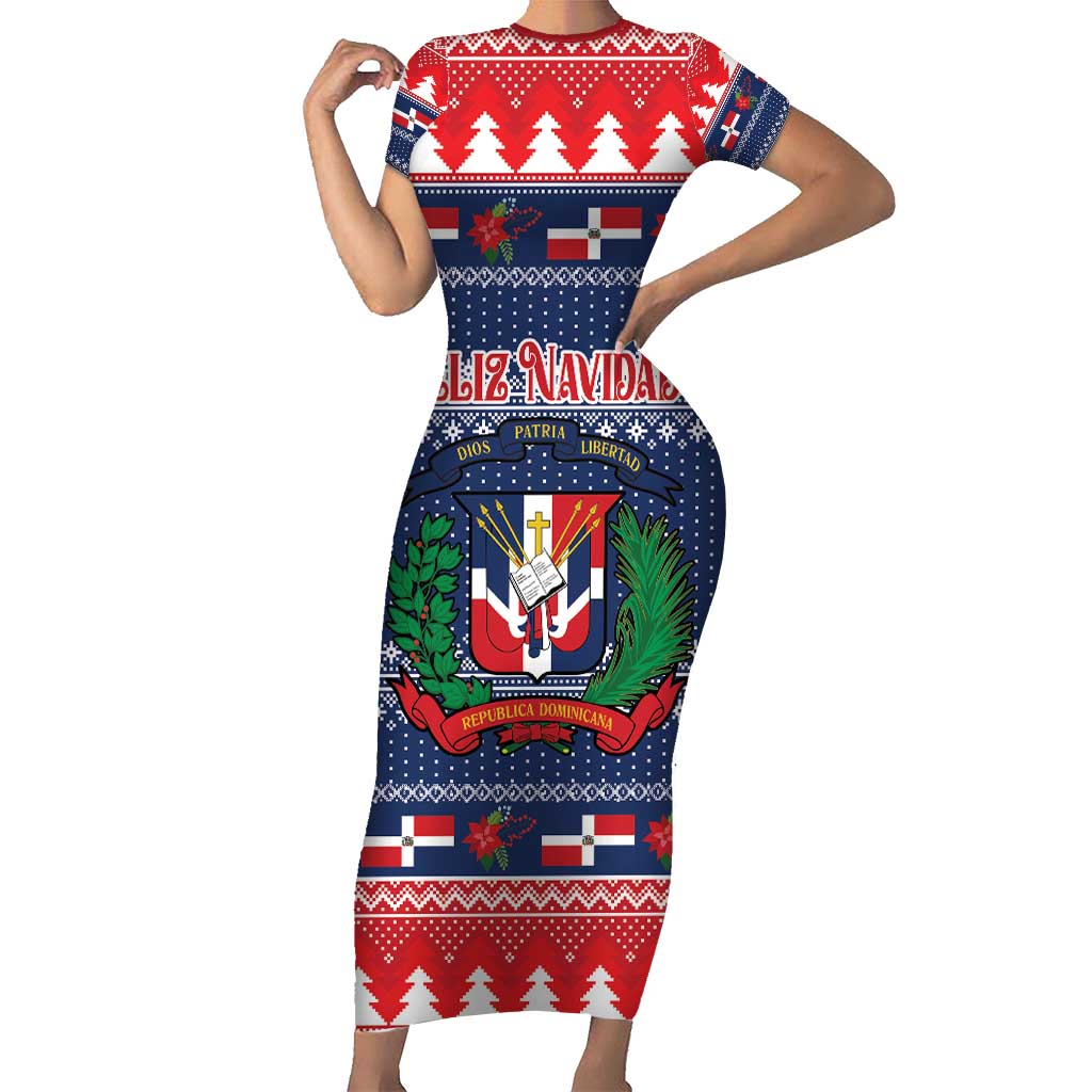 Personalized Dominican Republic Christmas Short Sleeve Bodycon Dress Dominicana Coat Of Arms Christmas Pattern - Wonder Print Shop