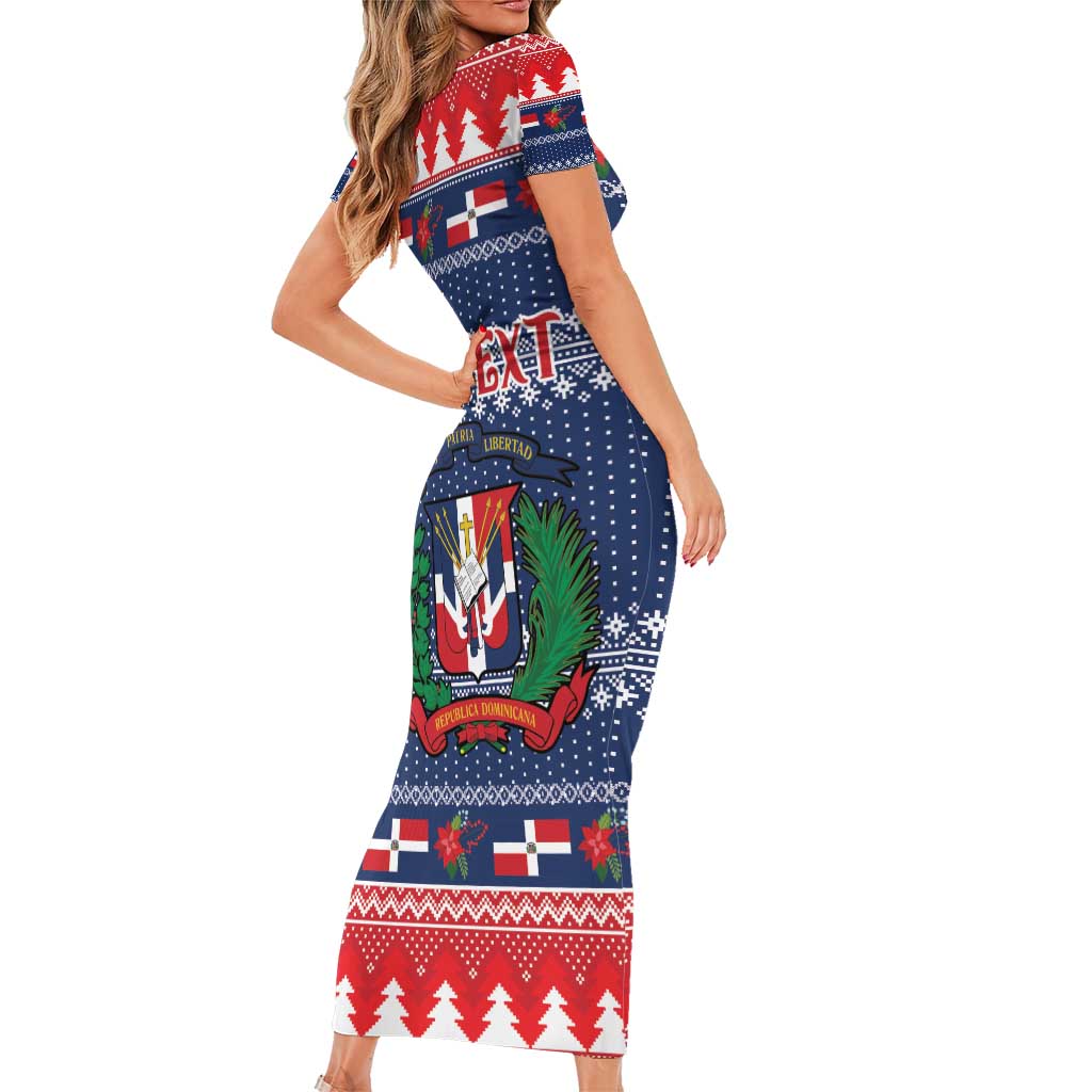 Personalized Dominican Republic Christmas Short Sleeve Bodycon Dress Dominicana Coat Of Arms Christmas Pattern - Wonder Print Shop