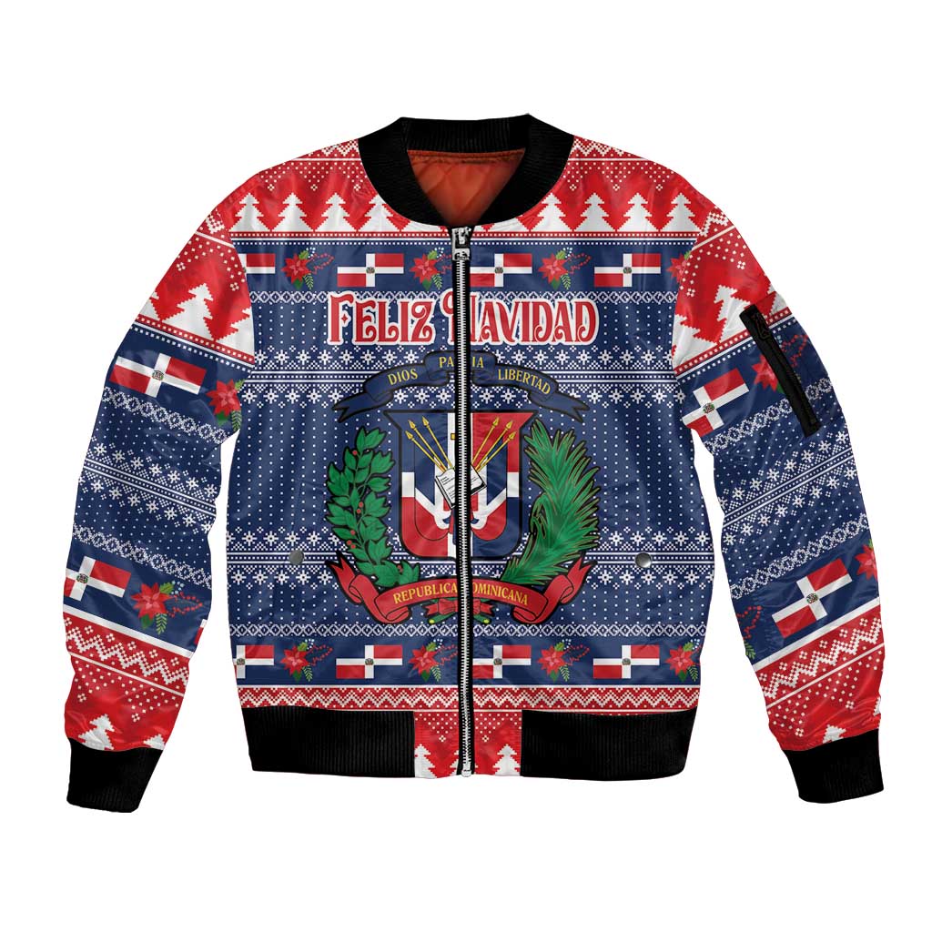 Personalized Dominican Republic Christmas Sleeve Zip Bomber Jacket Dominicana Coat Of Arms Christmas Pattern - Wonder Print Shop