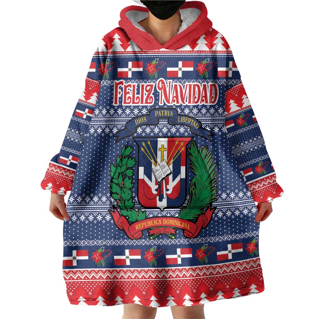 Personalized Dominican Republic Christmas Wearable Blanket Hoodie Dominicana Coat Of Arms Christmas Pattern - Wonder Print Shop