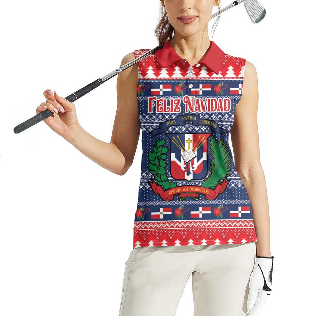 Personalized Dominican Republic Christmas Women Sleeveless Polo Shirt Dominicana Coat Of Arms Christmas Pattern - Wonder Print Shop